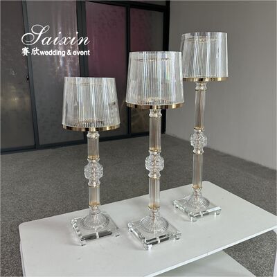3 Pcs Set Gold Clear Ring Shade Crystal Glass Candle Holder Stands for Wedding Centerpieces